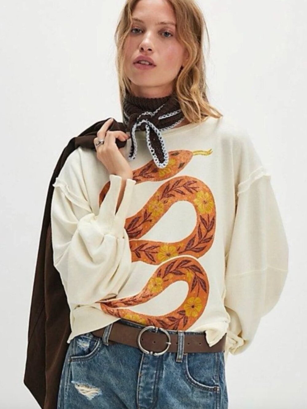 Free People Camden Snake Pullover Sweatshirt Tofu Combo - NWT